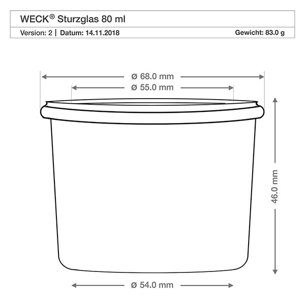 Setti, jossa 48 Weck 80 ml:n juomalasia. Tekninen piirustus WECK tumblers 80ml RR60 mitat ja tekniset tiedot keittiötä ja varastointia varten