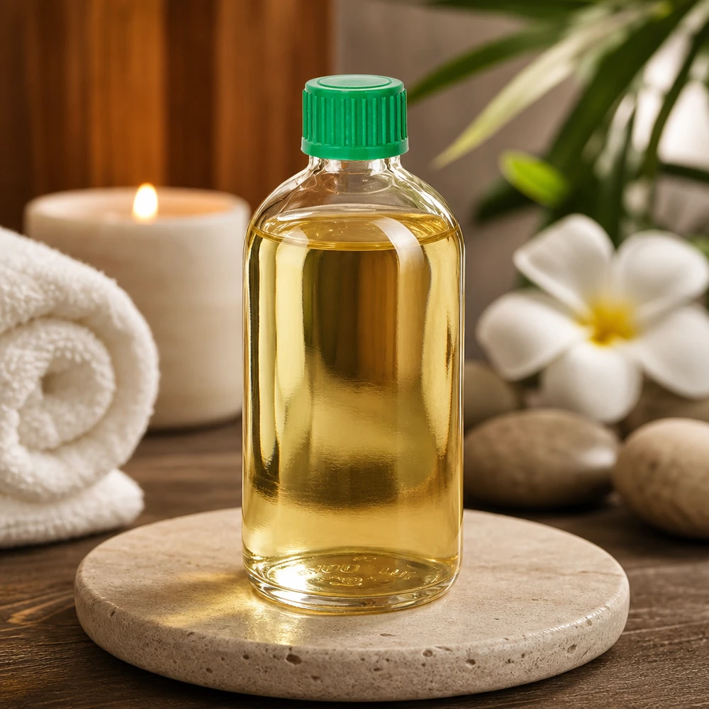 100 ml:n ClearLine UT18 -tiputuspullo vihreällä korkilla luonnonkivellä wellness-tarvikkeiden vieressä