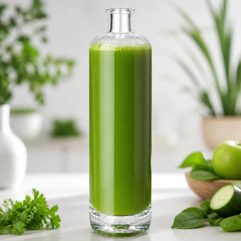 700ml Glasflasche "Eleganz" ohne Verschluss UNiTWIST® 700ml lasipullo Ella täynnä vihreää smoothieta keittiössä, joka on koristeltu tuoreilla yrteillä ja vihanneksilla.