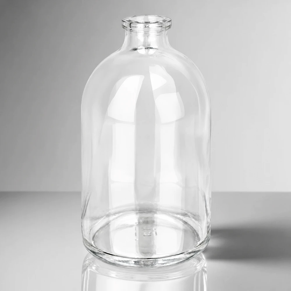 Injektiopullo kirkasta lasia 100ml Zylindrische Pharmaglasflasche 100ml mit geradem Standring und konisch zulaufendem Hals