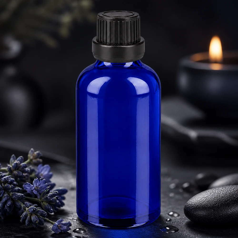 Tyylikäs sininen 50ml lasipullo, jossa on musta korkki ammattikäyttöön.