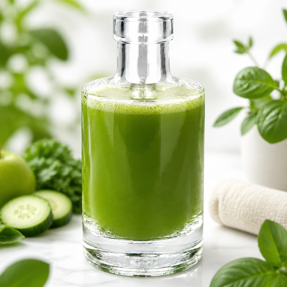200ml lasipullo Marie täynnä vihreää smoothieta kurkkujen ja kasvien ympäröimänä terveellinen ravitsemus elämäntapa