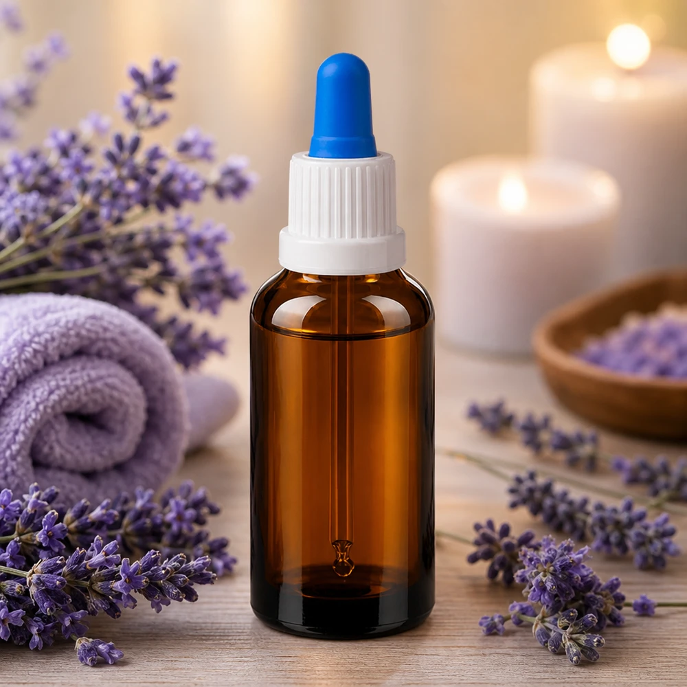 Korkealaatuinen 30ml pipettipullo ruskeasta lasista, jossa on valkoinen korkki aromaterapiaan.