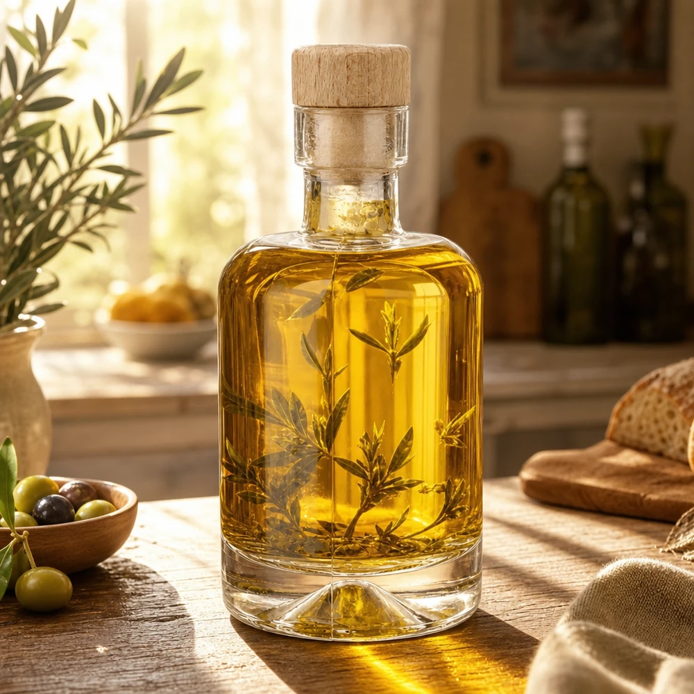 50 ml:n Amelie-lasipullo täynnä oliiviöljyä ja yrttejä Välimeren keittiössä, jossa on oliiveja ja leipää.