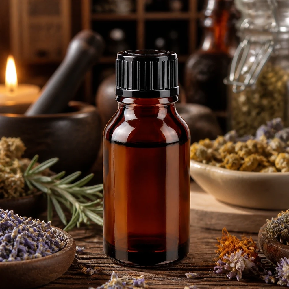 Apteekkipullo ruskea 15ml ruuvikorkki musta standardi Pieni ruskea lasipullo (15 ml), jossa on musta kierrekorkki, kuivattujen lääkekasvien keskellä
