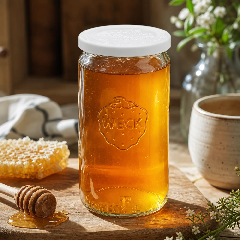 WECK 340ml sylinteripurkki täynnä hunajaa ja valkoinen raikkaus kansi RR60 puupöydällä hunajalusikan kanssa
