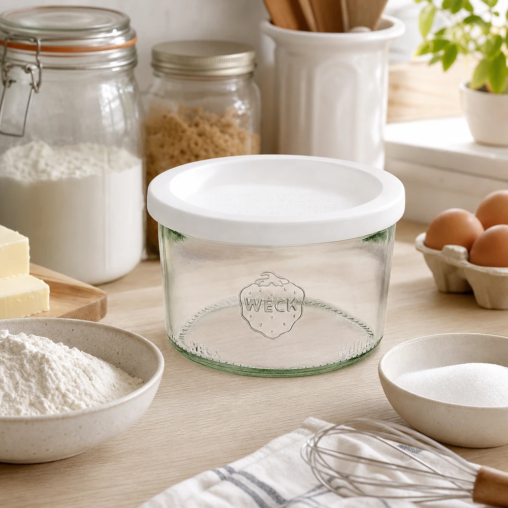 WECK Sturzglas 200ml RR80 in ästhetischer Küche mit Backzutaten Mehl Eiern und Vorratsgläsern zum Backen