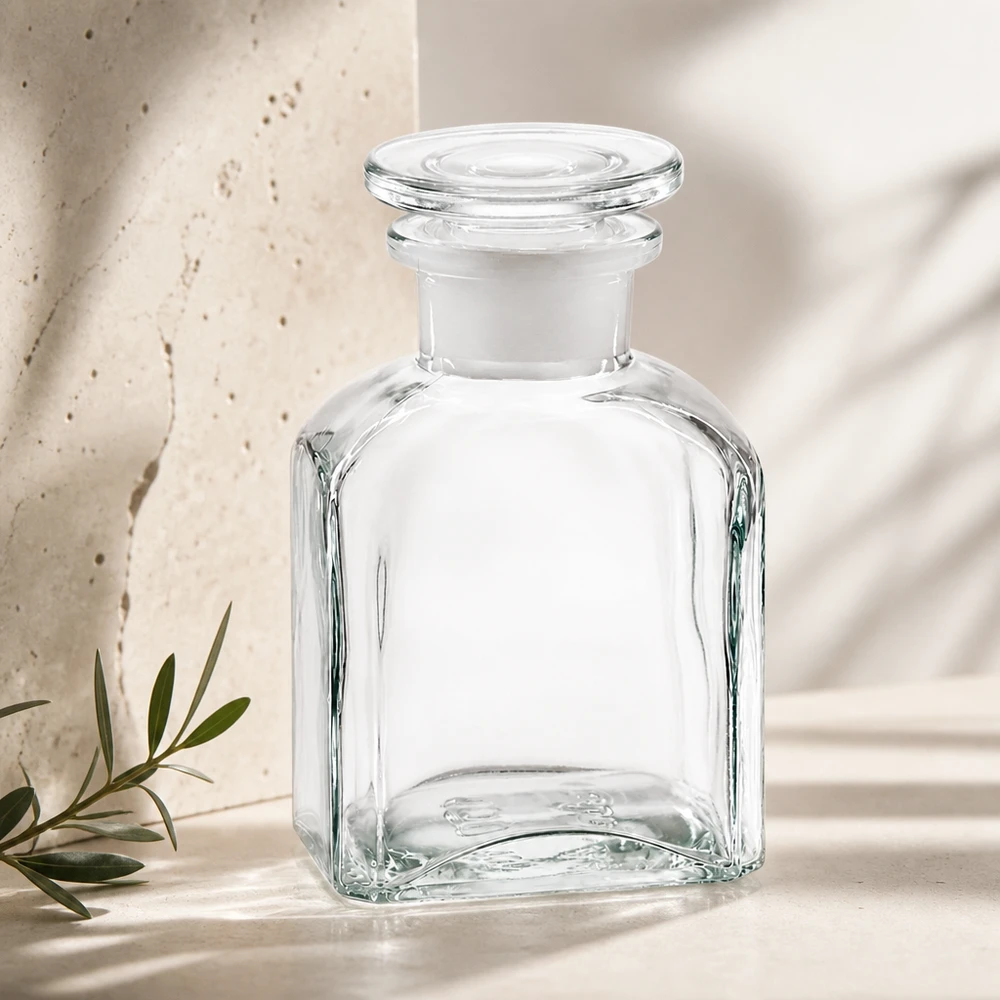 150 ml:n neliömäinen, leveäkaulainen, kirkas pullo, jossa on mattalasi-tulppa, koristeluun ja säilytykseen