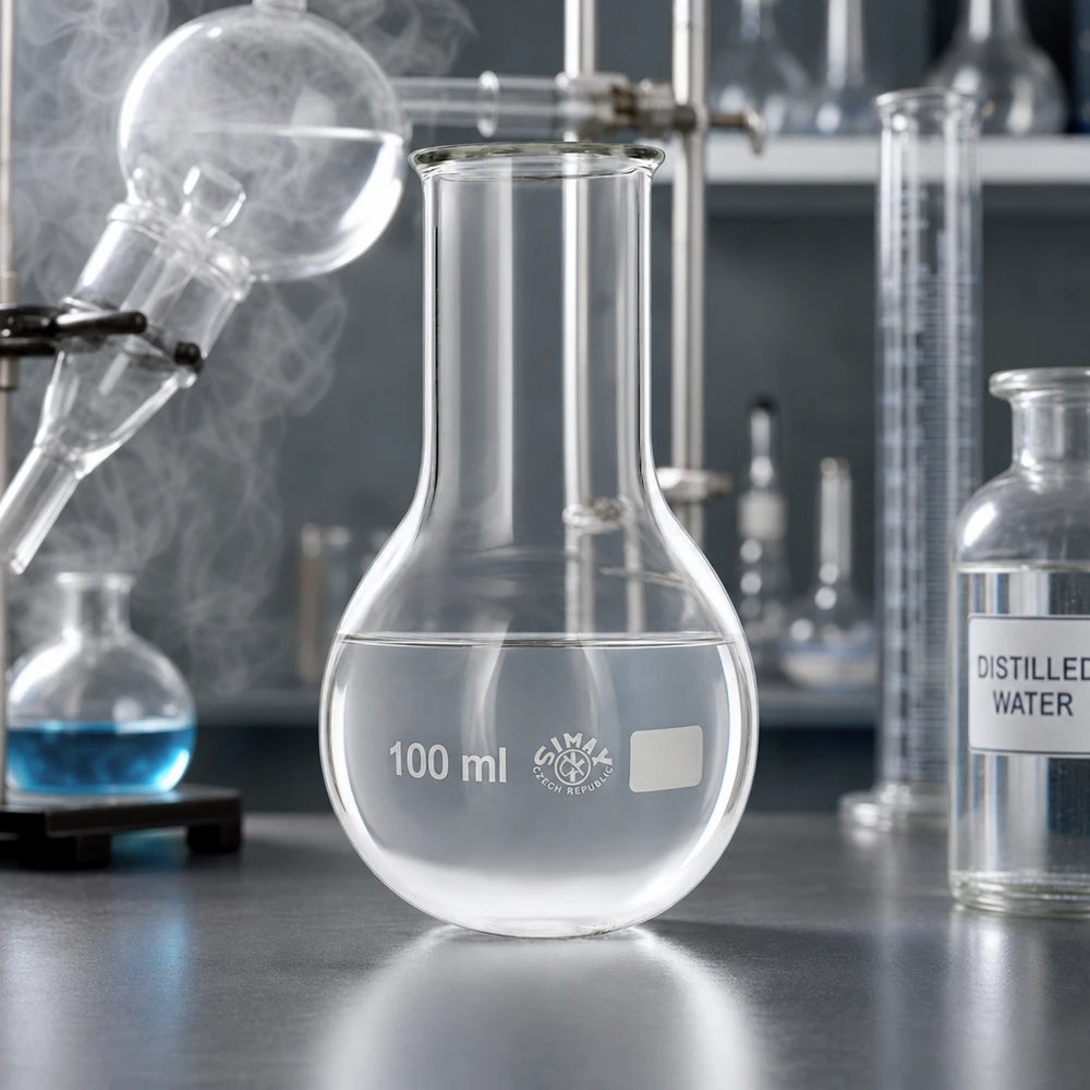 Pyöreäpohjainen pullo 100ml leveä kaula Pyöreäpohjainen 100ml läpinäkyvä pullo, jossa on leveä kaula-aukko tarkkoihin tilavuusmittauksiin laboratoriossa.