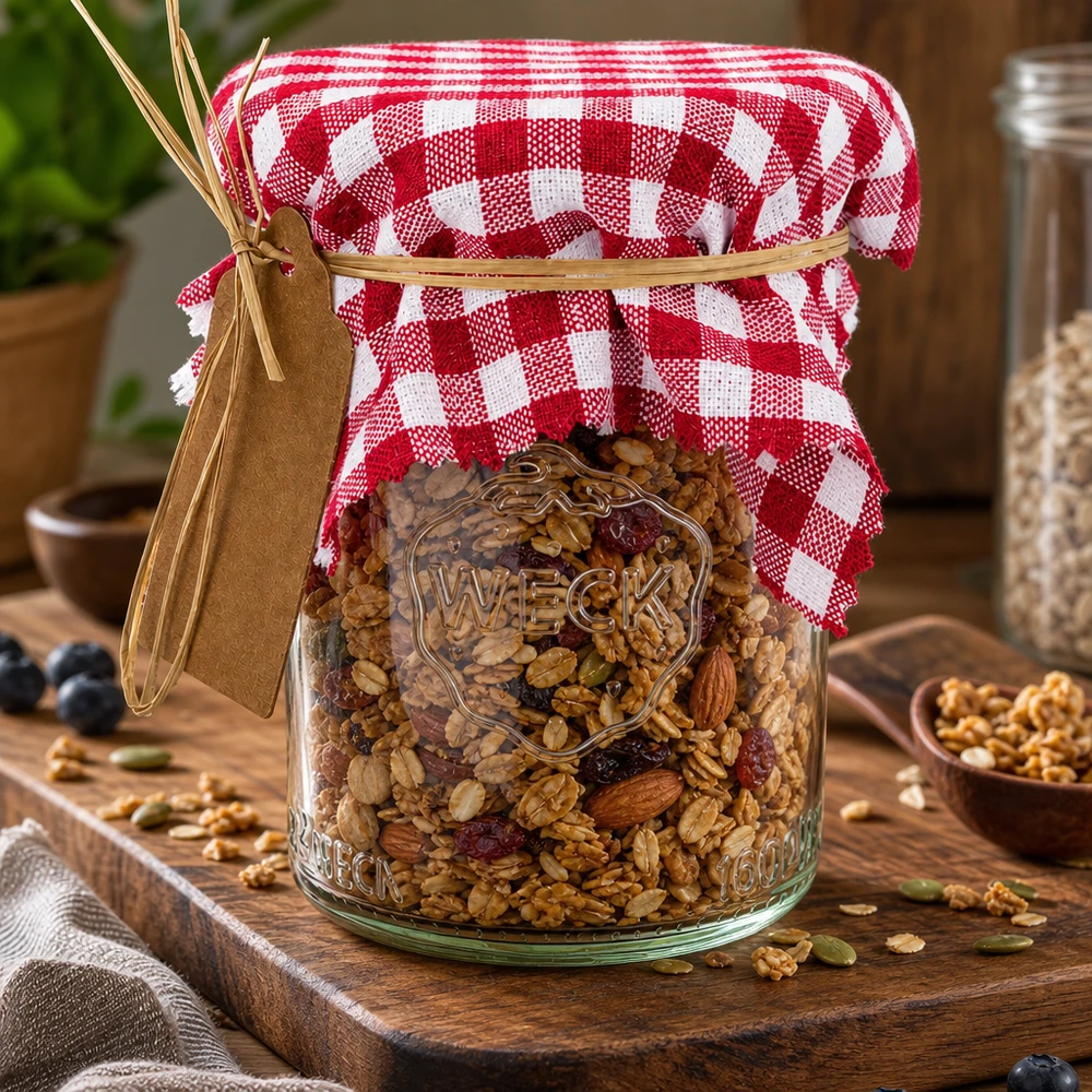 Bordeaux-kariertes Schmuckdeckchen 12cm auf Weckglas mit Müsli-Mix als dekorative Geschenkverpackung