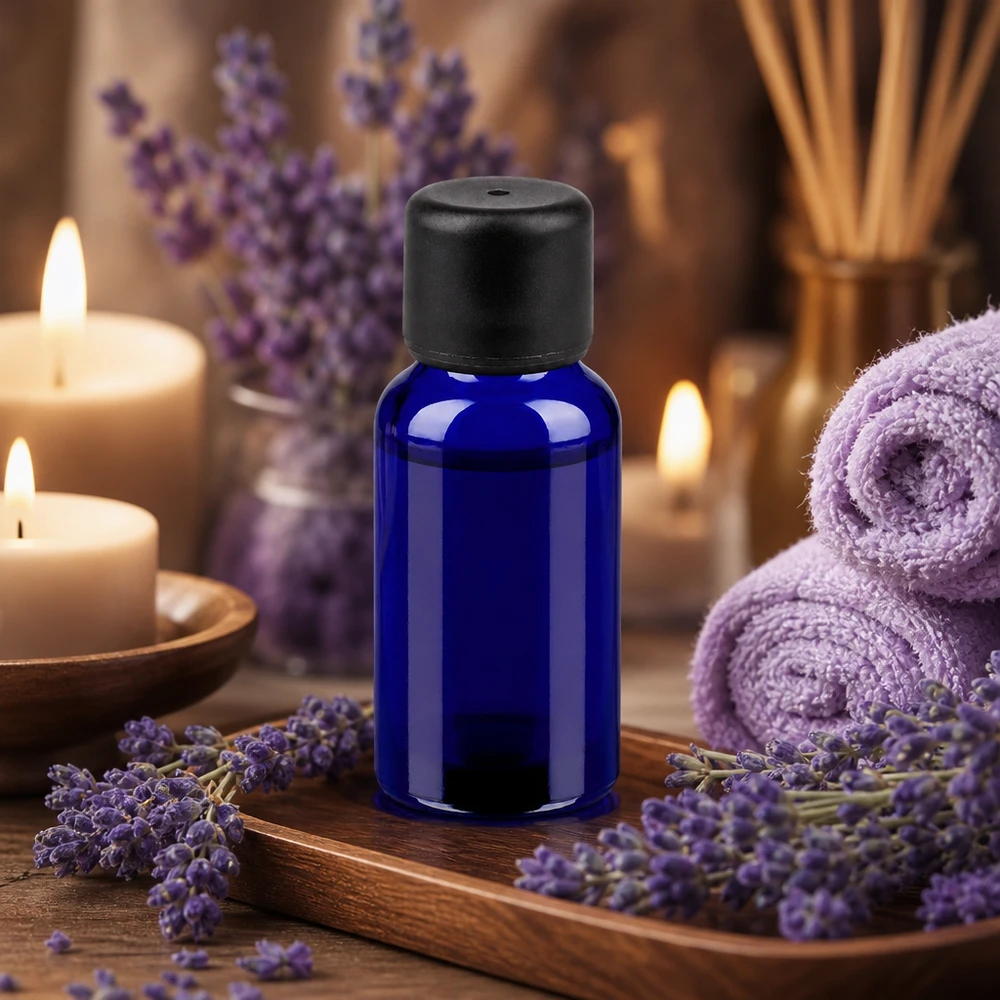 20ml pullo 6mm kierrekorkki musta Standard BlueLine UT18/20 Standard BlueLine UT18/20 Kompakti 20ml violetti lasipullo 6mm SV-korkilla aromaterapia- ja wellness-sovelluksiin.