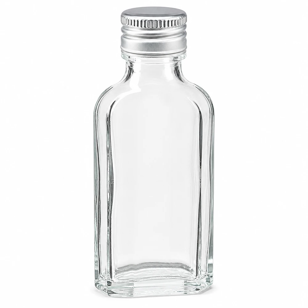 50 ml Meplat kirkas, alumiinikorkki hopea PP22 50 ml:n Meplat-lasipullo, kirkas, hopeanvärisellä alumiinikorkilla (PP22), väkeville alkoholijuomille ja likööreille