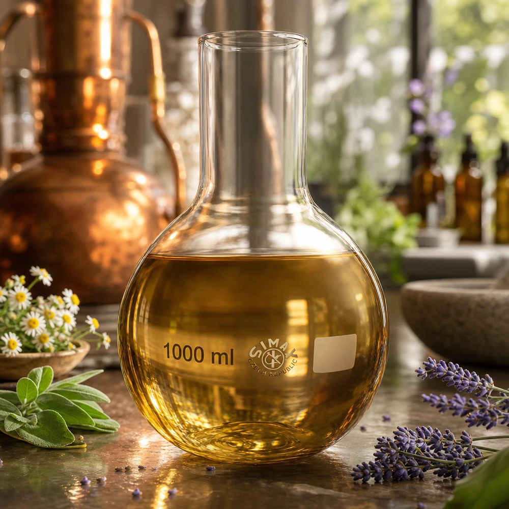 Laboratoriopullo 1000ml, jossa on kultainen sisältö ja leveä kaula kemiallisiin analyyseihin