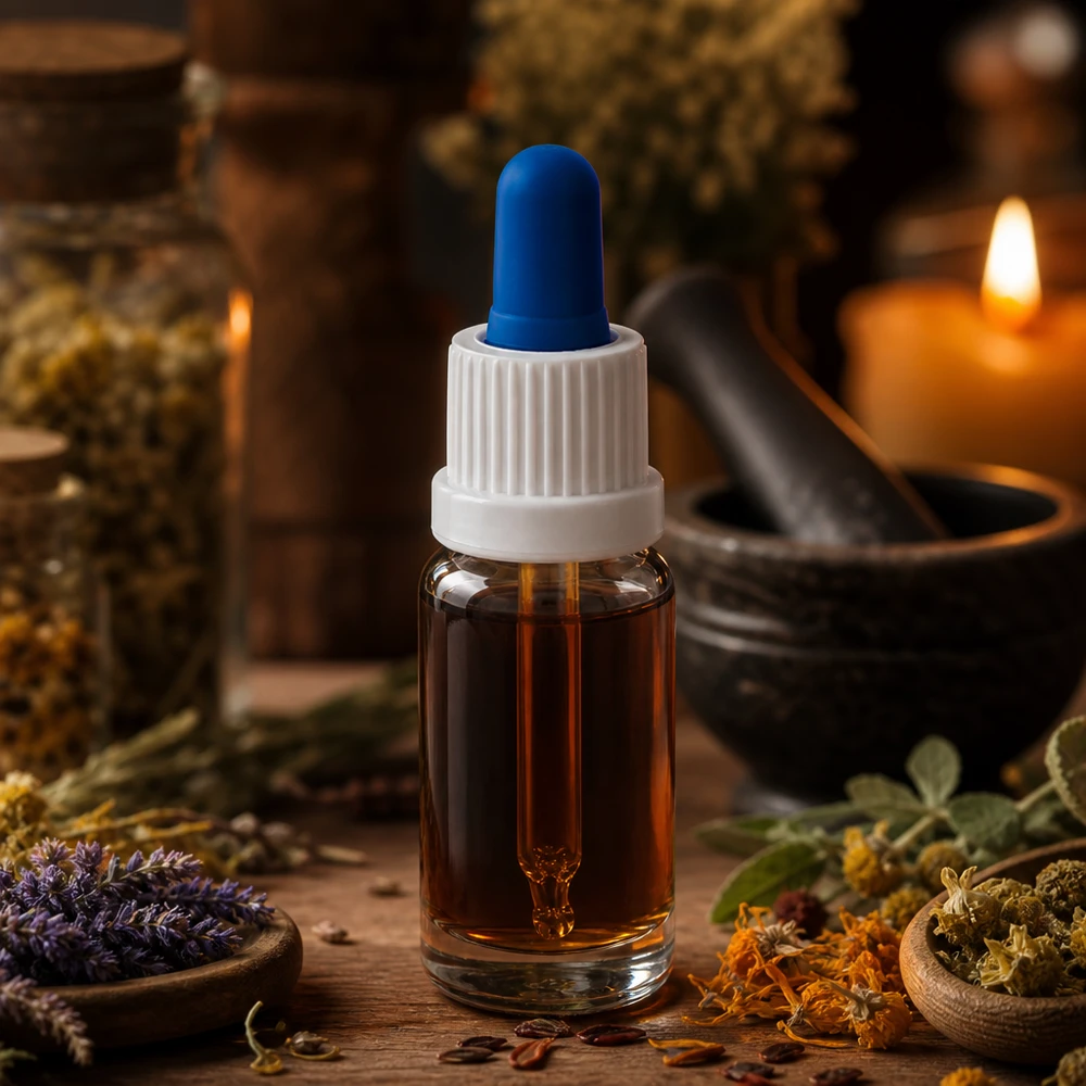 Aromaterapia-pipettipullo, 10 ml, kirkasta lasia, taustalla yrttimortteli ja kynttilä
