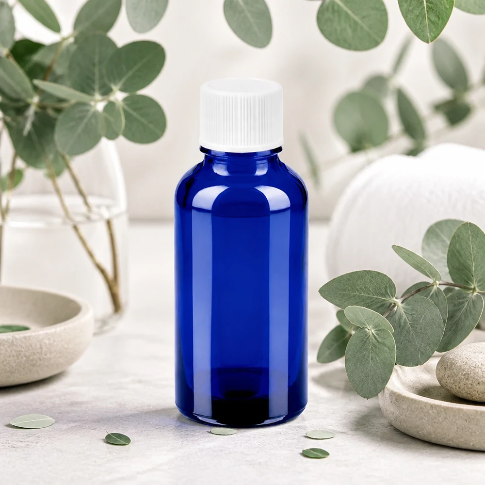 Pieni 30 ml:n lasipullo tyylikkäässä sinisessä värissä tinktuurien ja esanssien tarkkaan annosteluun.