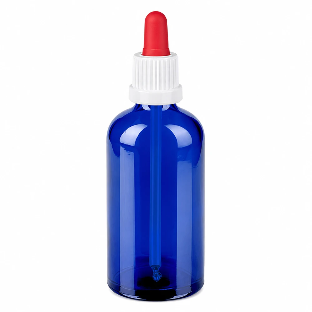 100ml pipettipullo musta valkoinen/punainen väärentämisen estävä sulkeminen BlueLine UT18/100 Sininen pipettipullo 100ml lasista, jossa on valkoinen korkki ja punainen tippapullo tarkkaa annostelua varten.
