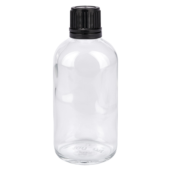 100ml globulipullo 3mm kaaderengas musta vakiosuljin ClearLine UT18/1 ClearLine UT18/1 Kirkas 100 ml:n lasipullo, jossa on musta kierrekorkki, globuleille ja homeopatiaan
