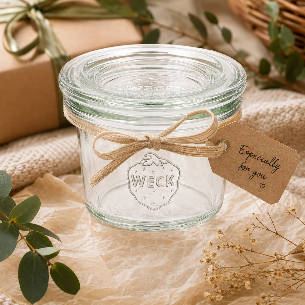 35ml lasikannelliset juomapullot WECK RR40 35ml WECK RR40 -mukit lahjaksi koristeltu rusetilla ja tagilla luonnollisessa ympäristössä kasvien kanssa.