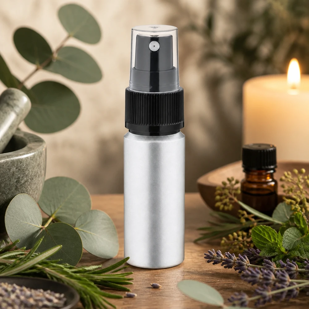 Hopeinen 20ml alumiinipullo, jossa on käytännöllinen suihkupää, ihanteellinen DIY-kosmetiikkaan ja aromaterapiaan.