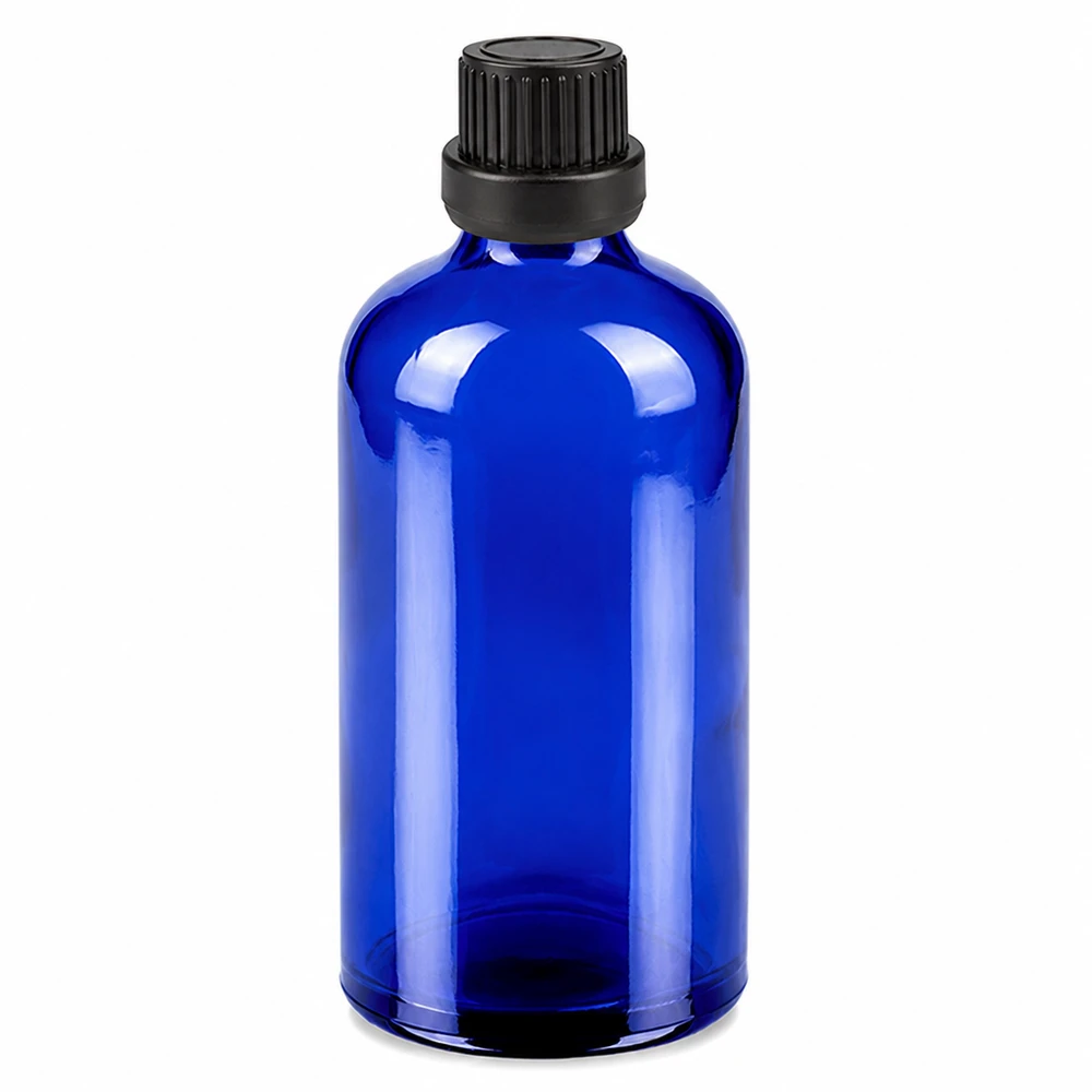 100ml tippapullo 2mm musta väärentämisen estävä sulkeminen BlueLine UT18/100 Sininen lasipullo 100ml mustalla tiputuskorkilla 2mm kosmetiikkaan ja eteerisiin öljyihin.