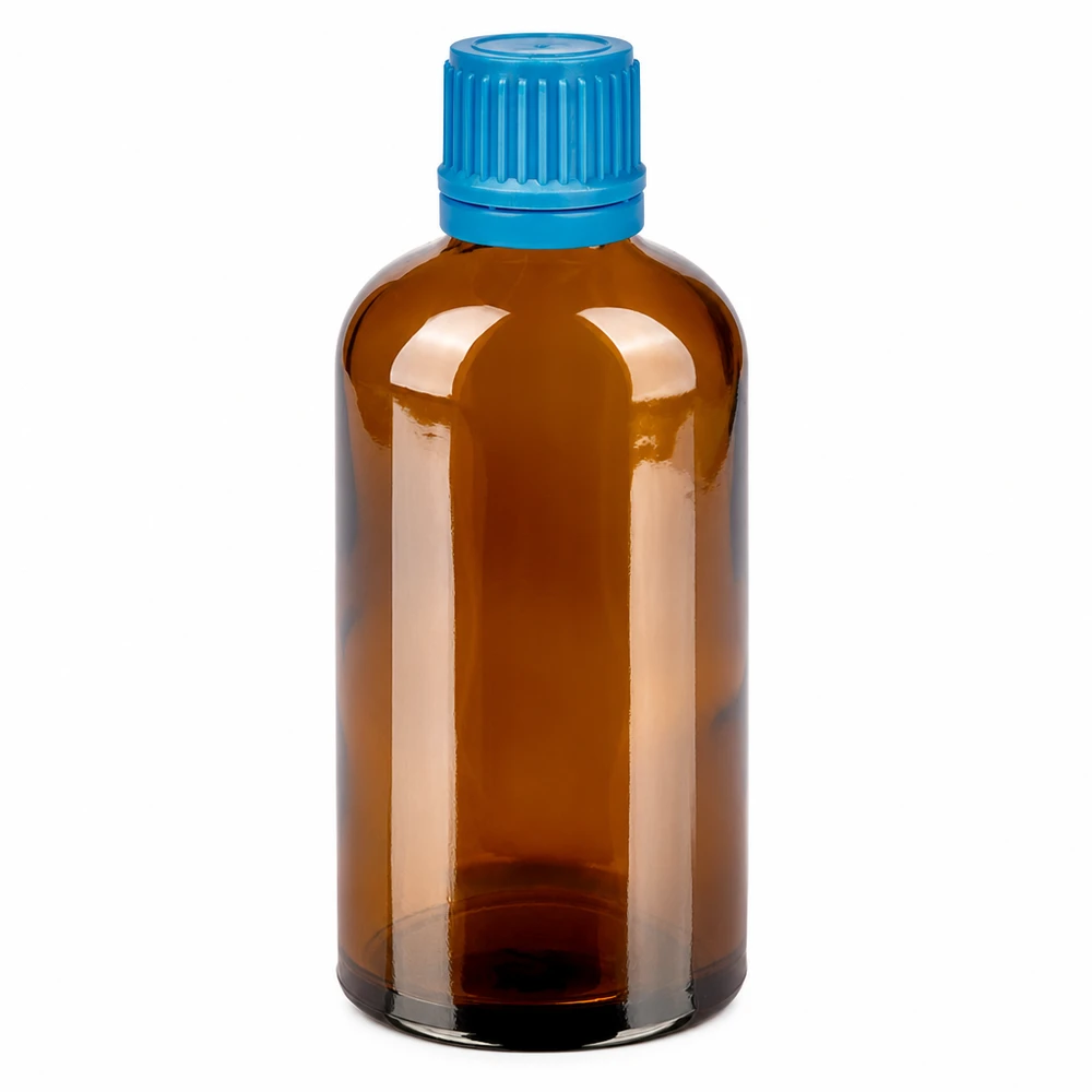 100ml pullo 11mm ruuvikorkki sininen väärentämisvarma sulkeminen BrownLine UT18/100 100ml meripihkanvärinen lasipullo, jossa sininen kierrekorkki laboratoriosovelluksiin ja lääkkeisiin.