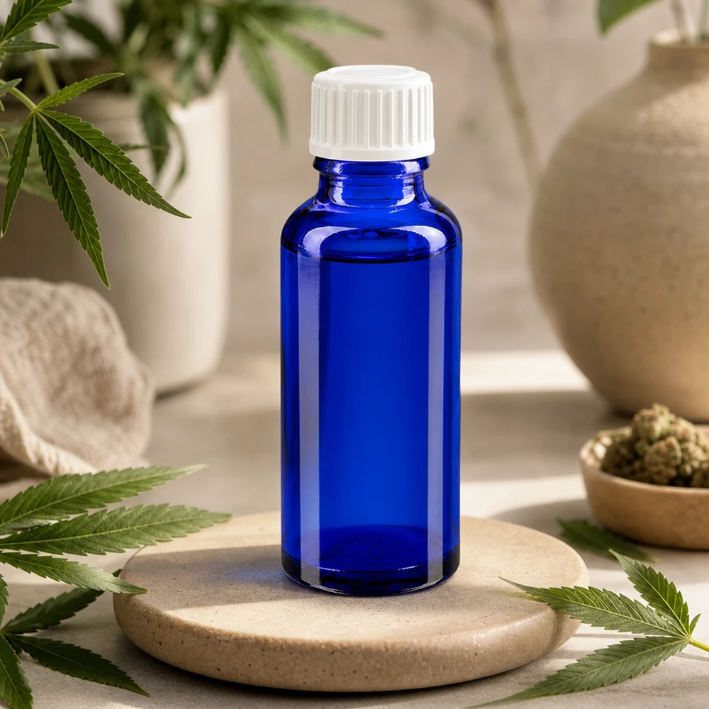 Pieni sininen lasipullo (30 ml), jossa on valkoinen korkki, luonnonkiven päällä kannabiskasvien keskellä
