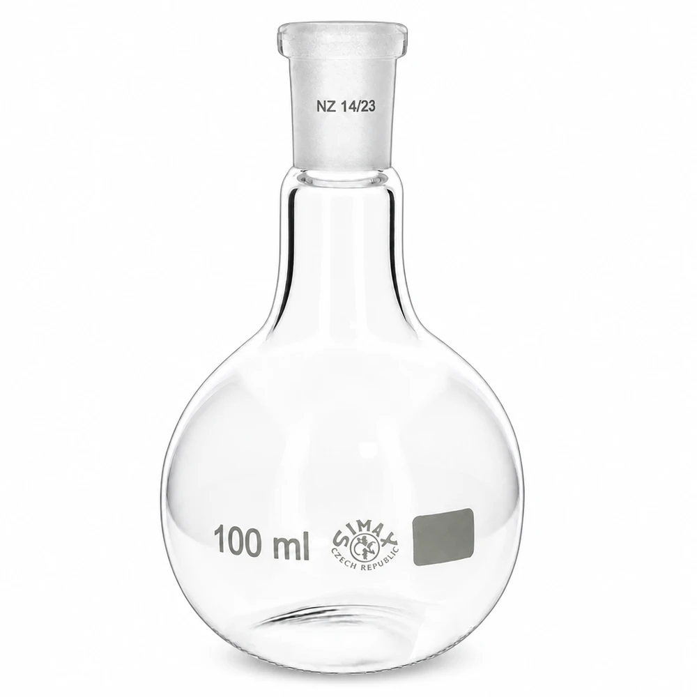 Pyöreä lasipullo 100ml, jossa on kapea kaula ja vakiohionta 14/23 tarkkaan laboratoriotyöhön.