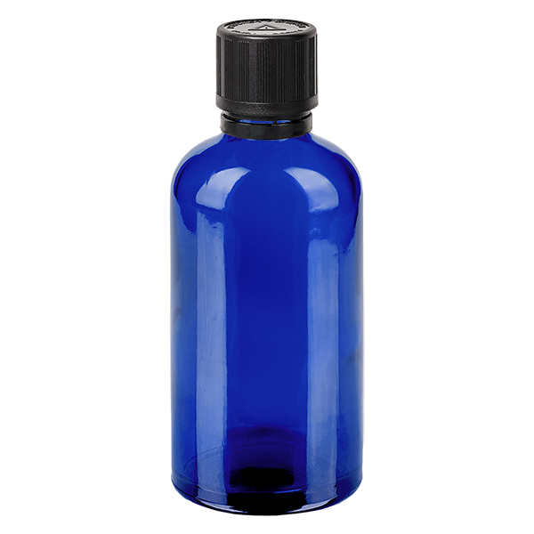 100ml tippapullo 1mm musta peukaloinnin estävä suljin Lapsilukko Sokkovaroitussymboli BlueL. UT18/100