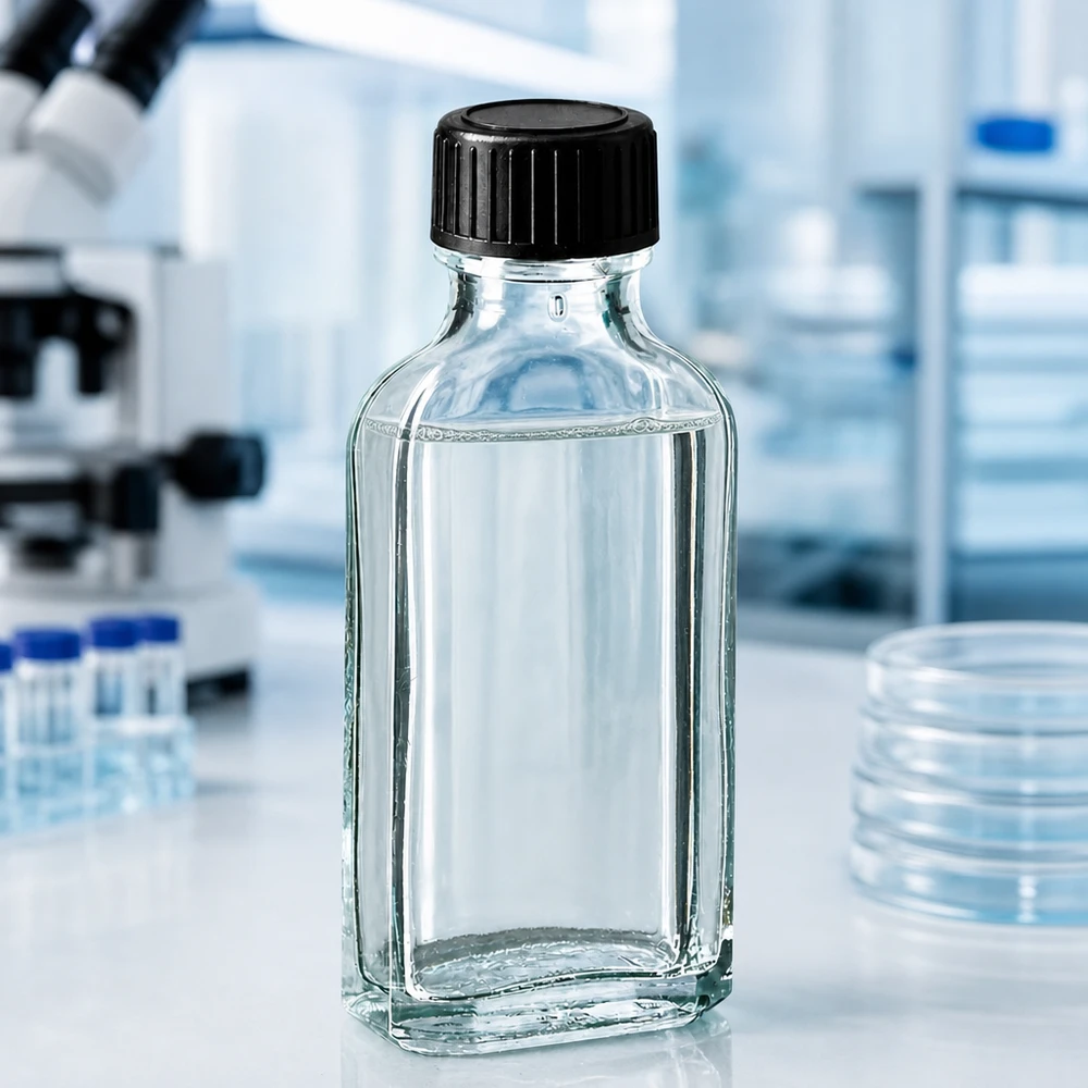 Läpinäkyvä Meplat-lasipullo, 50 ml, EPE-tiivistekiekolla ja mustalla korkilla laboratoriokäytössä