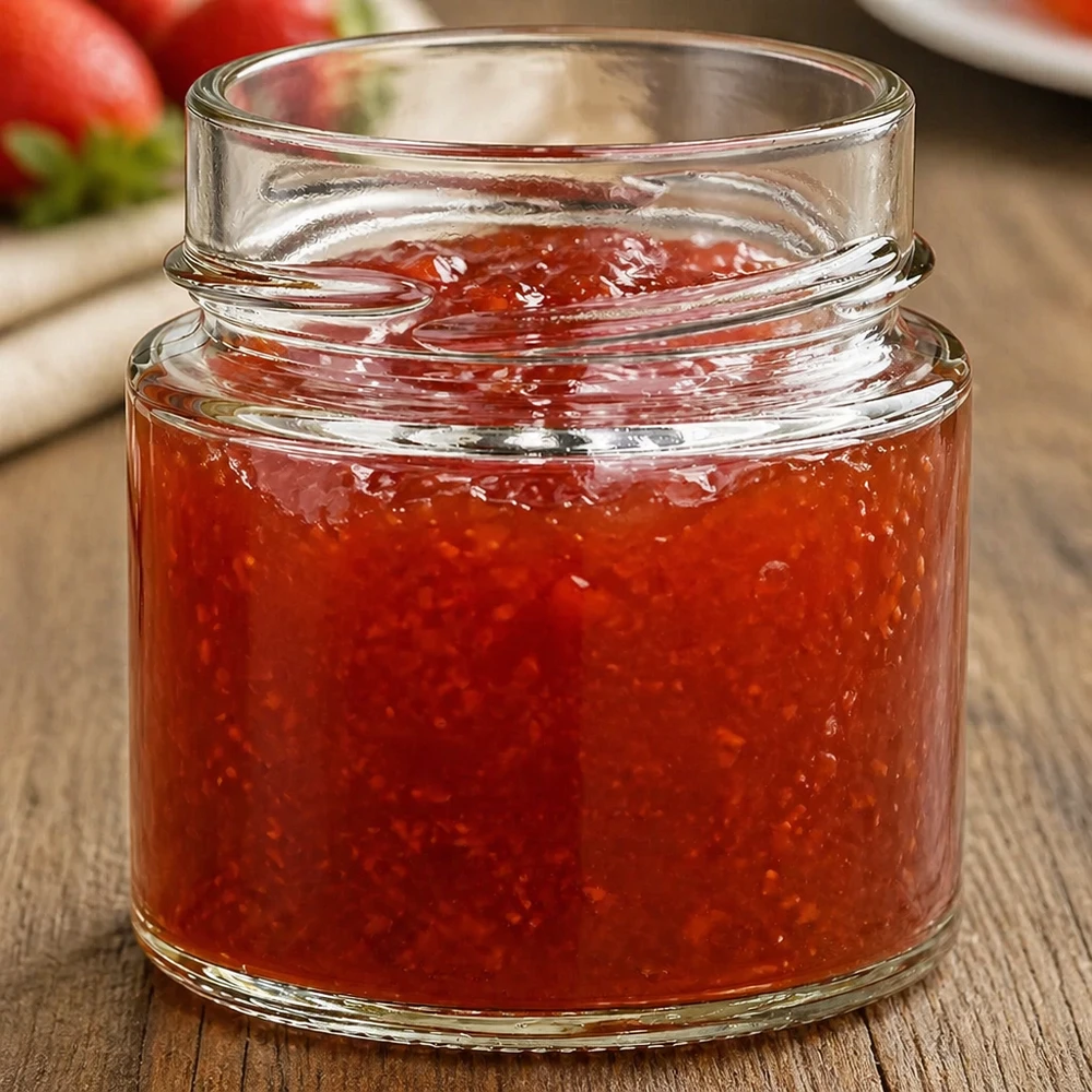 135ml pyöreä purkki ilman kantta (TO58deep) UNiTWIST Pyöreä purkki 135ml täynnä punaista hilloa TO58 kansi säilöntätölkki hillopurkki puupöydällä