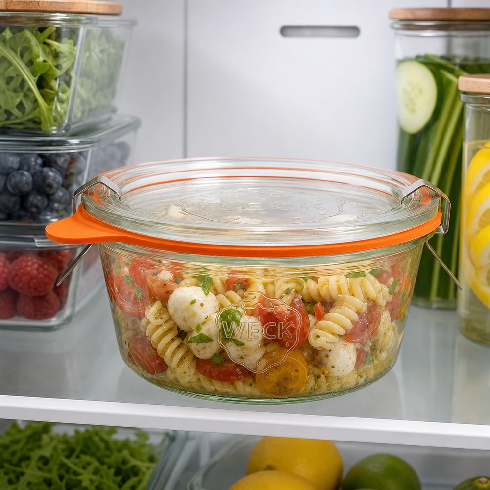 290ml tumppupurkki matala täydellinen WECK RR100 WECK tumblers 290ml RR100 pastasalaatilla jääkaapissa näyttää käytännöllisen ruoan säilytyksen