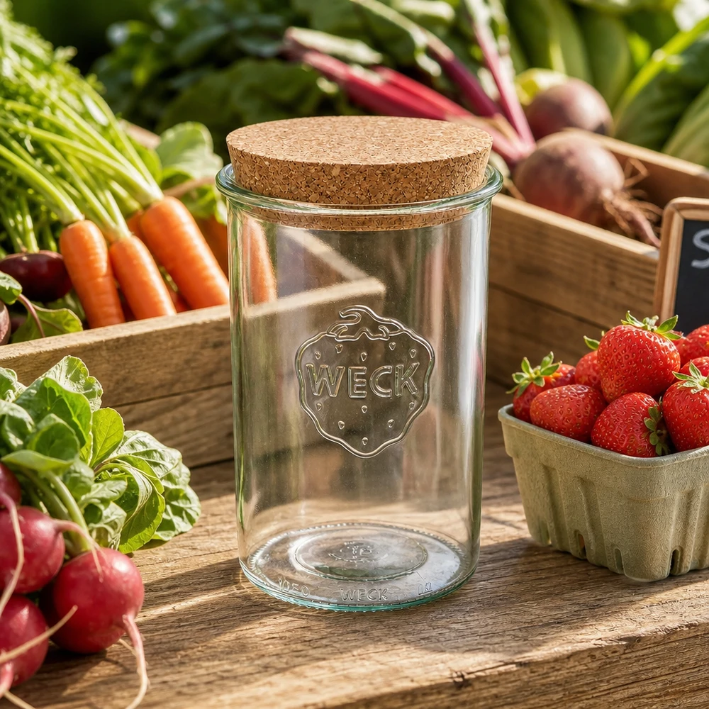 1000 ml:n juomalasit WECK RR100 korkilla luonnonväriset WECK Sturzglas 1000ml RR100 mit Korken zwischen frischem Gemüse und Erdbeeren natürliche Küchenszene Vorratsglas