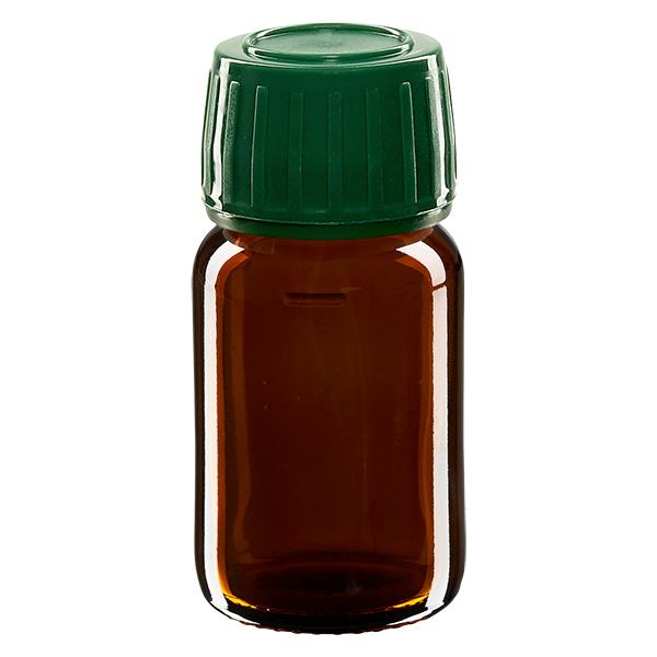 30 ml:n lääkepullo ruskea, korkki vihreä, jossa on peukaloinnin estävä rengas ApoGlas 30 ml:n lääkepullo ruskea, korkki vihreä, jossa on peukaloinnin estävä rengas ApoGlas