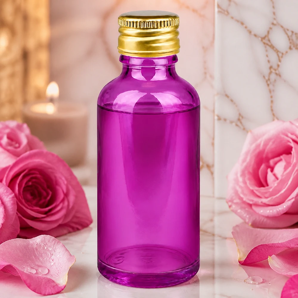 Laadukas 50ml violetti lasipullo, jossa on kultainen alumiinikorkki ammattikäyttöön tarkoitetuille kosmetiikkatuotteille.