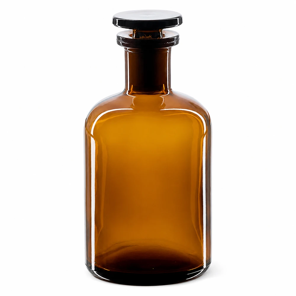 Pyöreä olkapääpullo 100ml ruskea kapeakaulainen lasitulppa Ruskea, pyöreäolkapäinen pullo, 100 ml, lasitulpalla, kapeakaulainen, valmistettu korkealaatuisesta laboratoriolasista