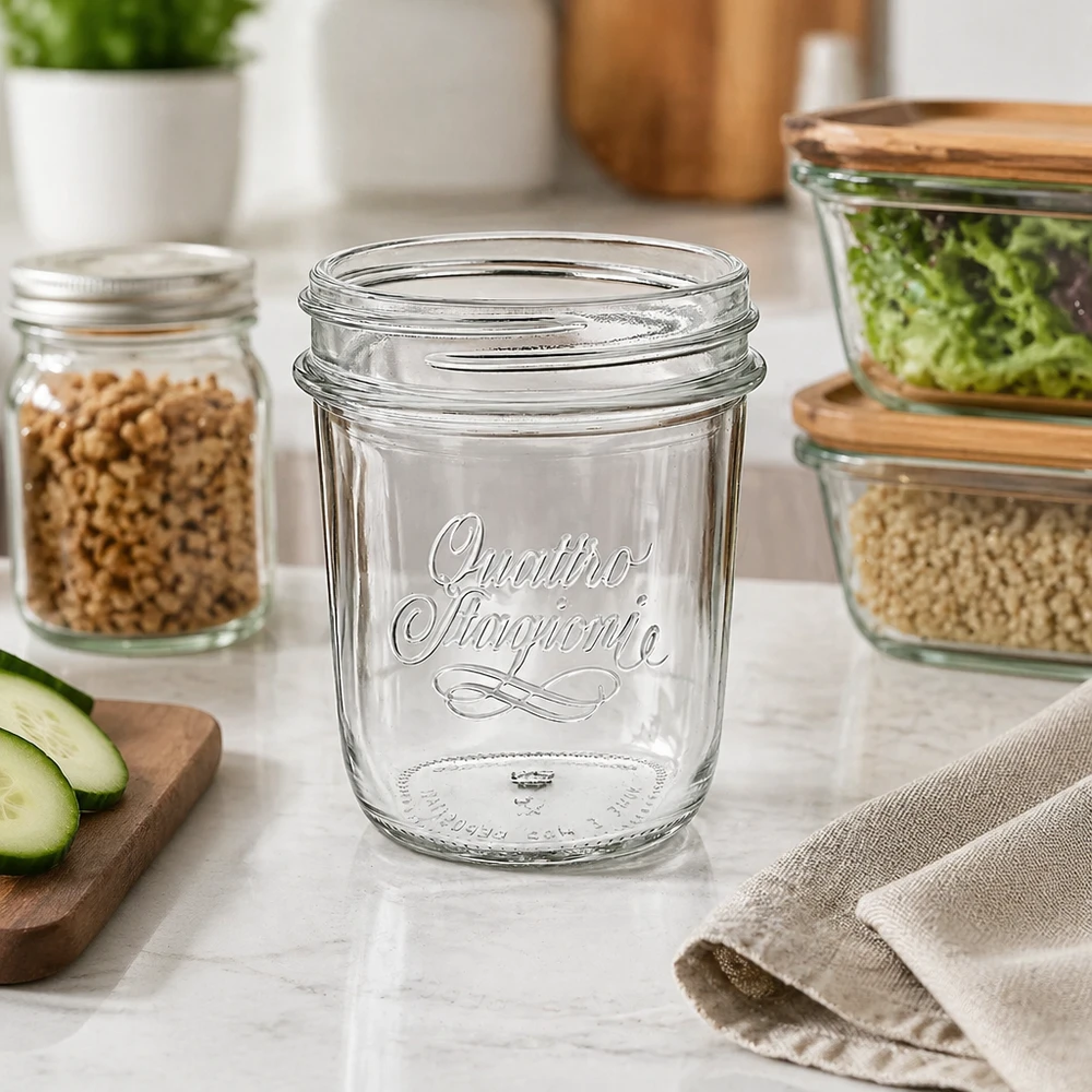 320 ml:n juomapullot "Quattro Stagioni" QS86mm Quattro Stagioni Sturzglas 320ml auf Küchentheke mit Lebensmitteln - elegantes Einmachglas für Vorratshaltung
