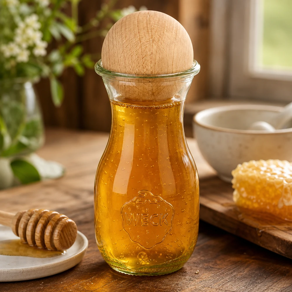 290ml mehupullo WECK RR60, jossa on puupallo pyökkiä WECK mehupullo 290ml täynnä hunajaa ja pyökkipalloa, koristeltu hunajakennolla ja hunajalusikalla.
