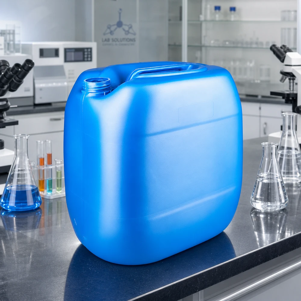 Suorakulmainen sininen 30 litran kanisteri ilman korkkia laboratoriopöydällä, jossa on Erlenmeyer-pullo