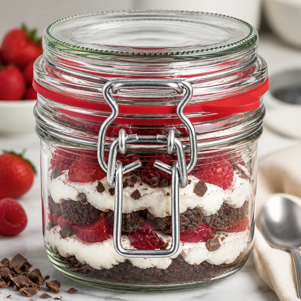 255ml Bügelverschluss-Glas mit geschichtetem Erdbeer-Schoko-Dessert, perfekt für Trifle und süße Leckereien