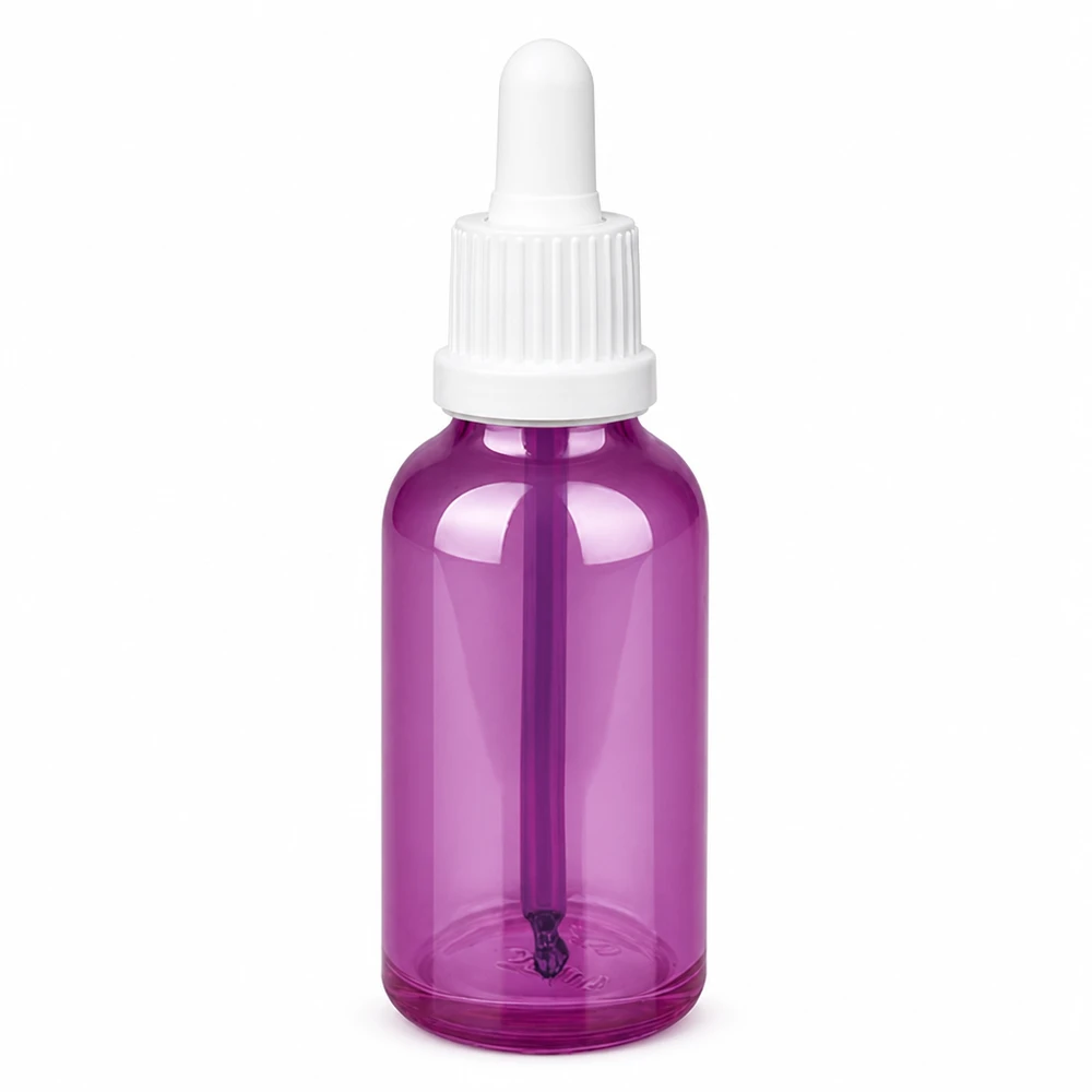 30ml pipettipullo valkoinen omaperäinen ruuvikorkki PurpleLine UT18/30 30ml pipettipullo violetti läpinäkyvä, valkoinen korkki tarkkaa annostelua varten.