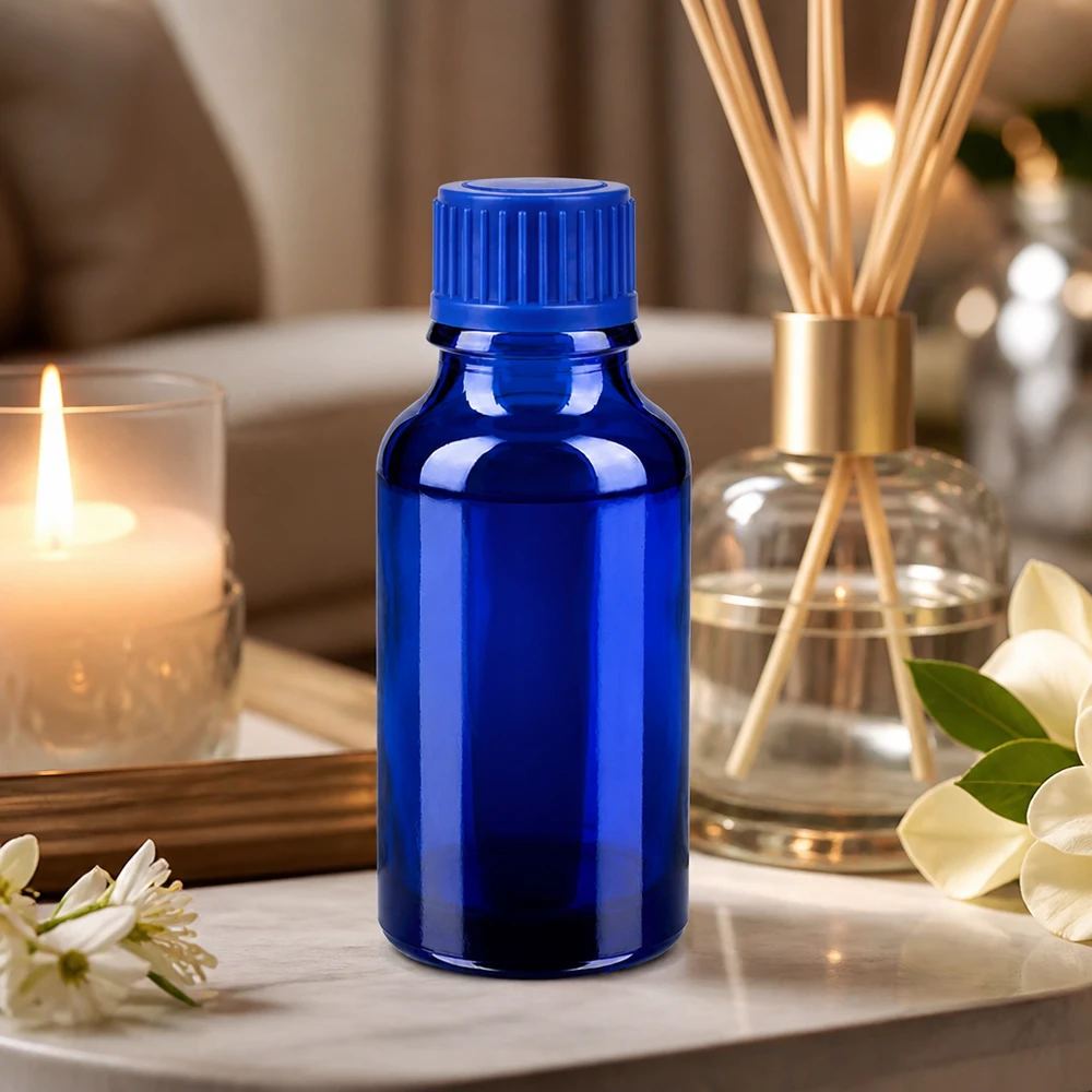 Laadukas 20ml BlueLine-lasipullo, jossa on käytännöllinen tippakorkki kosmetiikkaan.
