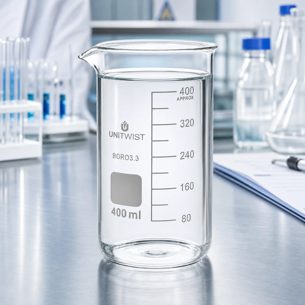 UNITWIST-lasimuki, 400 ml, korkea malli, jossa on puhdasta vettä, laboratorion ruostumattomasta teräksestä valmistetulla pöydällä