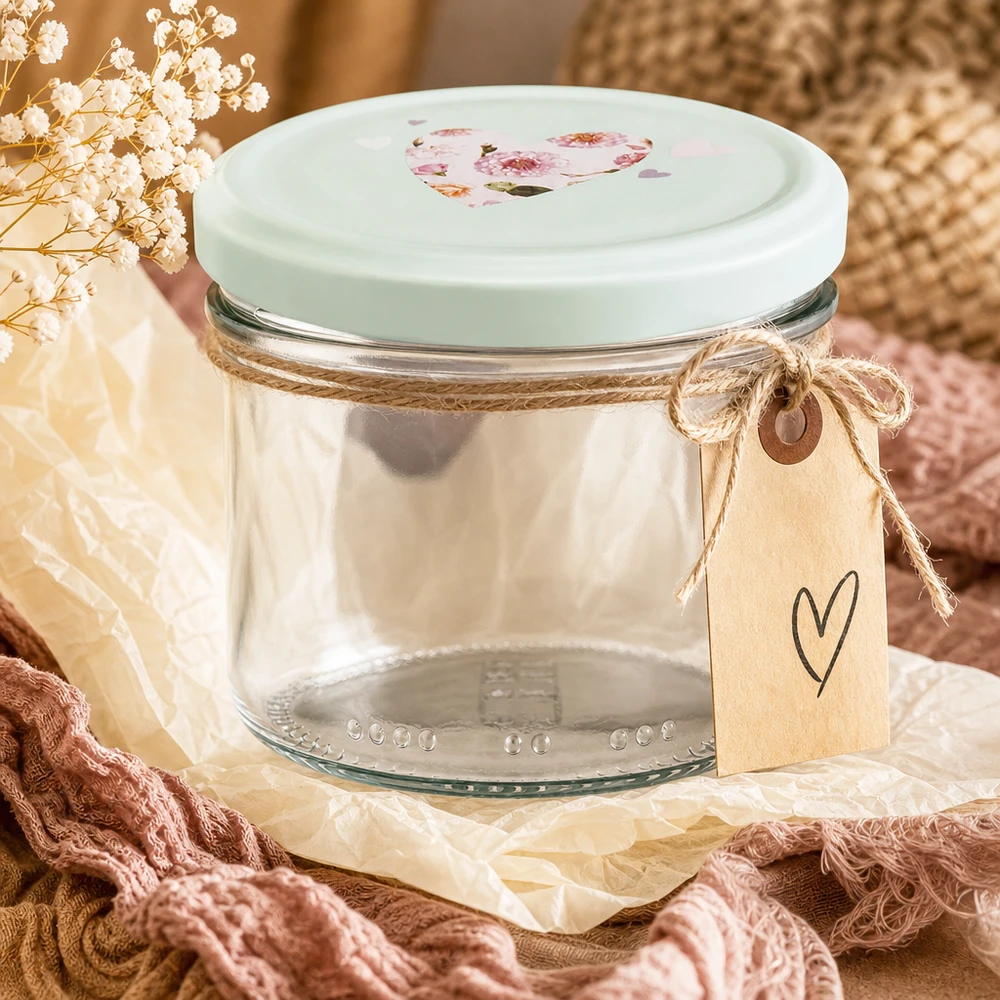 230ml sylinteripurkki + BasicSeal kansi sydän minttu 230ml Zylinderglas mit mint Herzdeckel romantisch dekoriert mit Juteband Geschenkanhänger und Trockenblumen