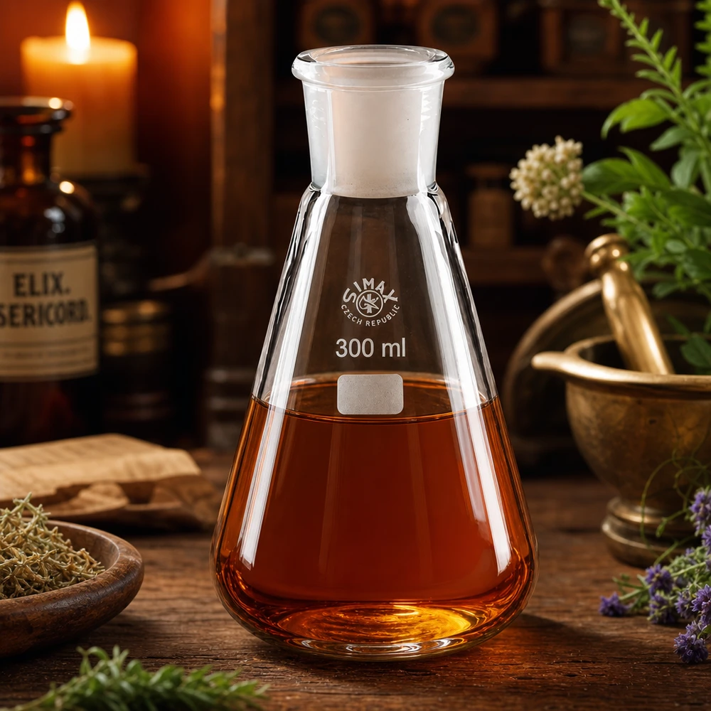 Erlenmeyer-pullo 300ml, jossa on oranssinpunainen neste ja vakiohiottu liitos 29/32 maalaismaisessa laboratorioympäristössä.