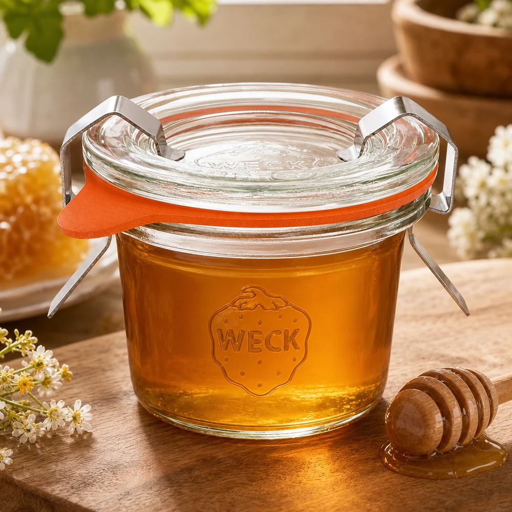 35ml juomapullot täydelliset WECK RR40 WECK Sturzglas 35ml RR40 mit goldenem Honig gefüllt neben Honiglöffel und Waben zeigt natürliche Lagerung