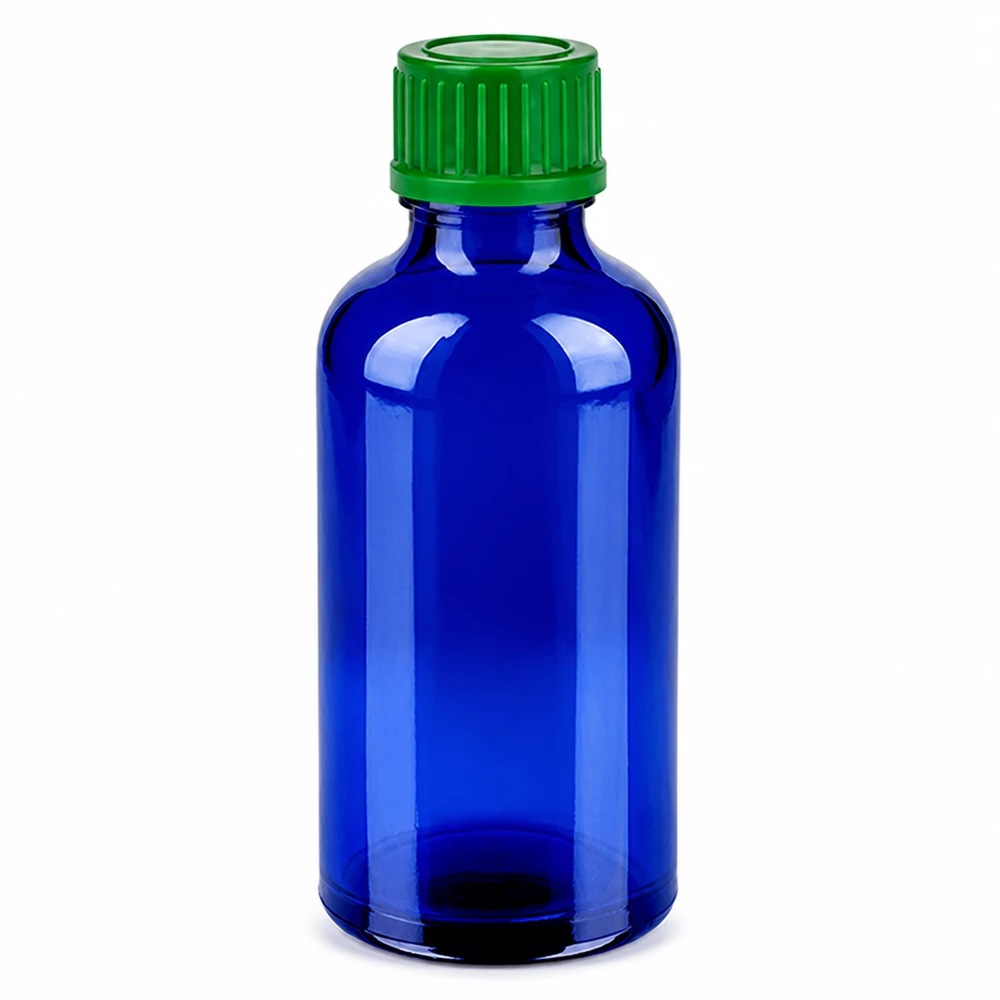 50ml sininen lasipullo vihreällä kierrekorkilla eteerisille öljyille ja kosmetiikalle.