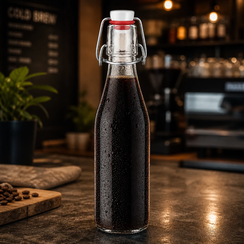 250ml lasipullo + kääntyvä korkki PVC UNiTWIST 250ml Glasflasche mit dunklem Getränk gefüllt, Bügelverschluss PVC UNiTWIST, stilvolle Küchendeko auf Holztisch