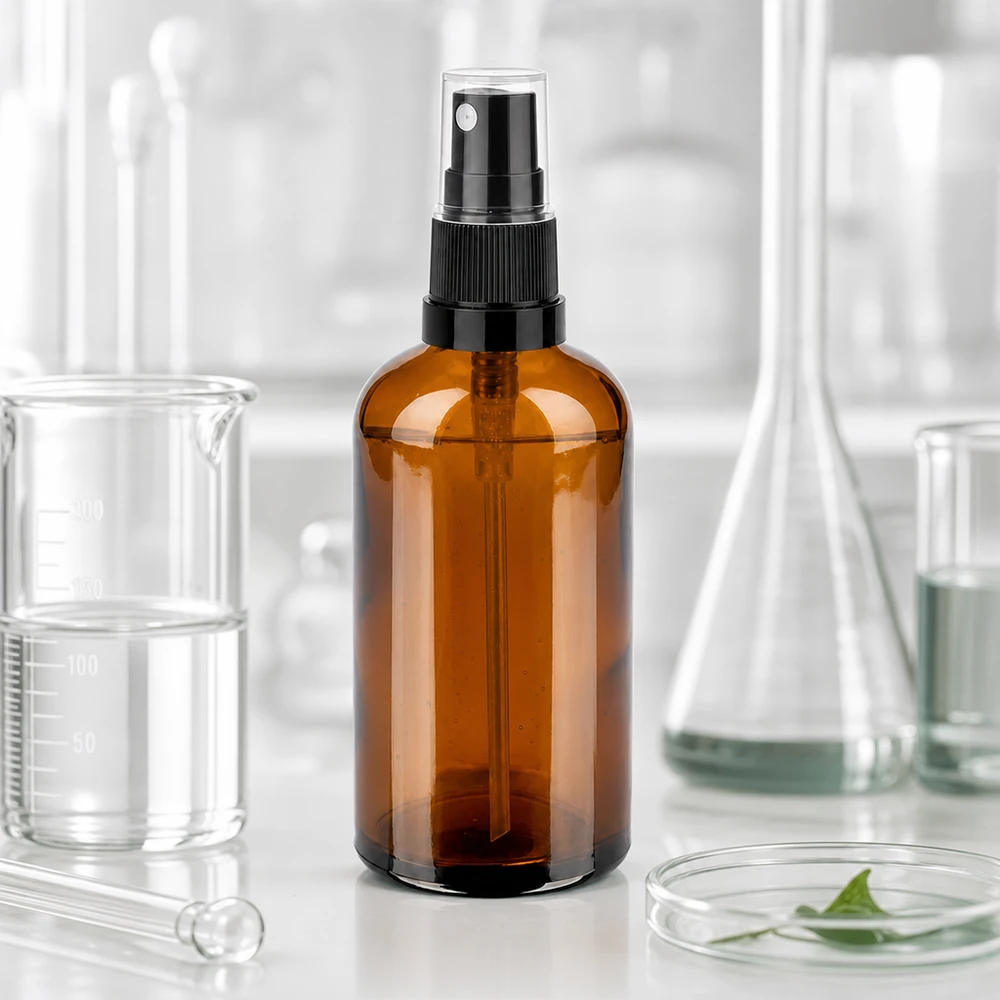 Laadukas 100ml suihkepullo UV-suojatusta meripihkalasista herkille nesteille.