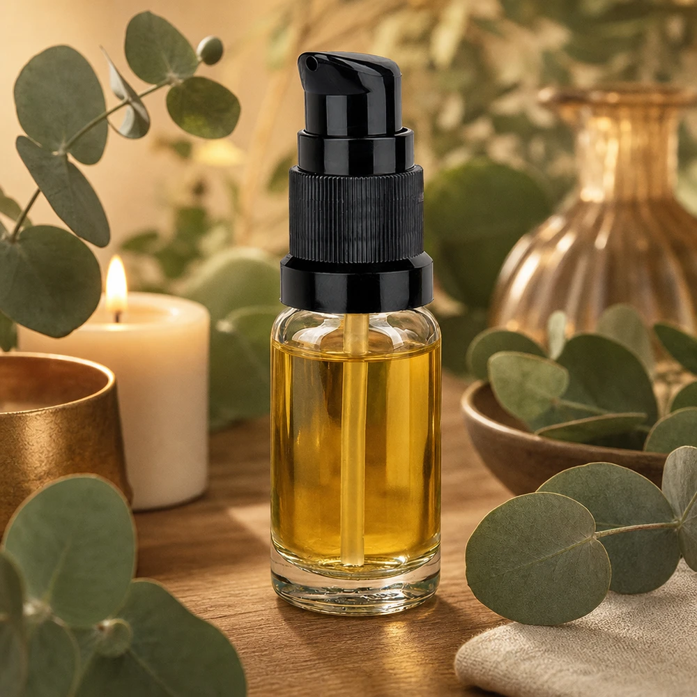 10ml pumppupullo musta vakiokorkki ClearLine UT18/10 Läpinäkyvä 10 ml:n pumppupullo UT18/10, jossa on musta annostelupumppu eteerisille öljyille