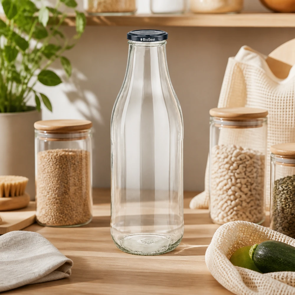 1000ml lasipullo + BioSeal-kansi musta UNiTWIST 1000ml Glasflasche BioSeal Deckel Zero Waste Küche Hülsenfrüchte Vorratshaltung nachhaltige Küchenorganisation